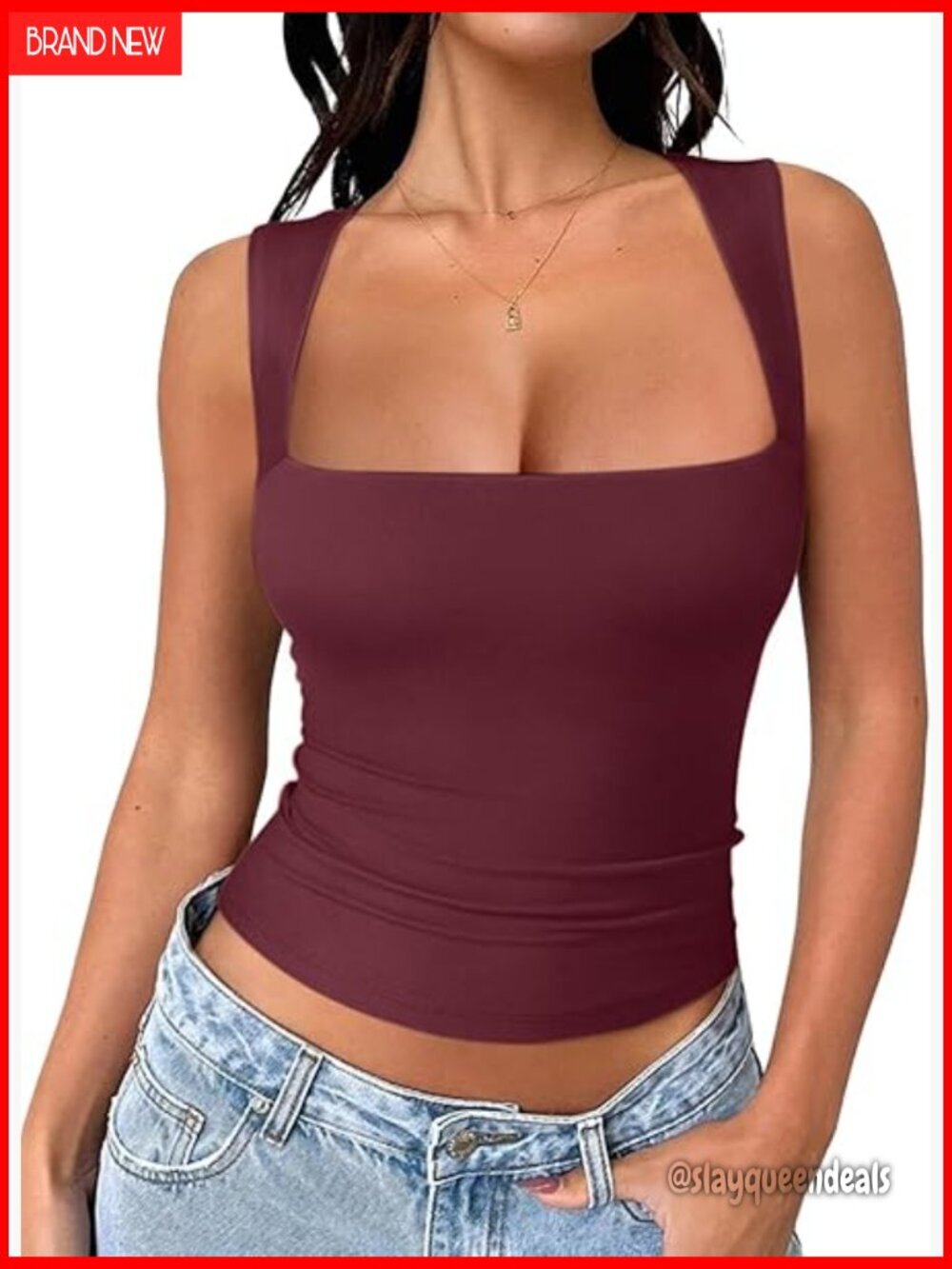 Women's Square Neck Crop Top Double Lined Stretch Tank Summer Basic